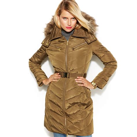 michael michael kors belted faux fur trim down puffer coat